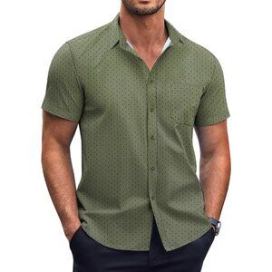 Army Green Men Short Sleeve Button Down Wrinkle Free Polka Dot Print Shirt